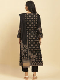 W Black Floral Woven Design Regular Sequinned Straight Kurta With Trouser With Dupatta