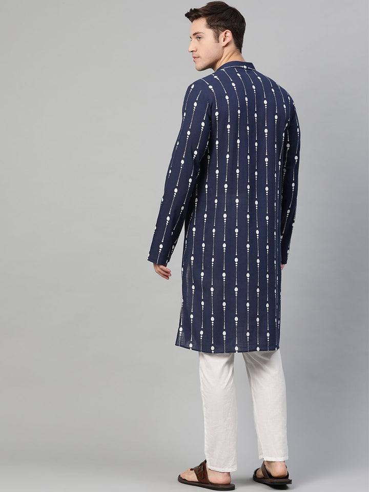 See Designs Men Navy Blue & White Printed Pure Cotton Straight Kurta