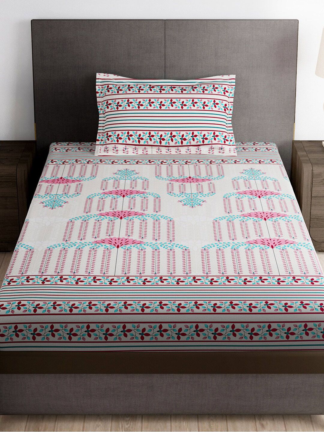 Story@home Grey & Pink Ethnic Motifs 180 TC Single Bedsheet with 1 Pillow Cover