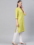 W Women Lime Green & Off-White Printed Straight Kurta
