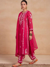 Rumah Wanita Chikankari Motif Etnik Bersulam Benang Biasa Kerja Chanderi Sutera Kurta dengan Seluar &