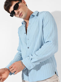 Campus Sutra Blue Textured Classic Fit Casual Shirt