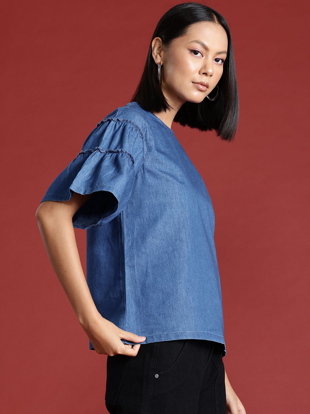 all about you Flared Tiered Sleeves Chambray Top