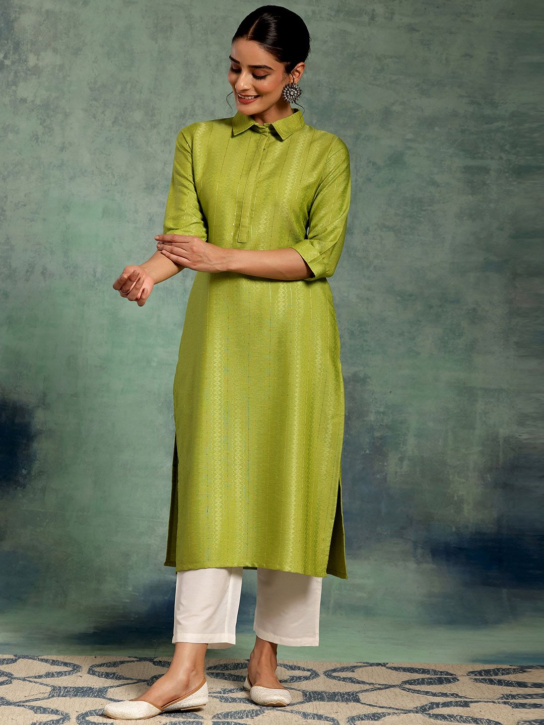 Libas Striped Shirt Collar Pathani Kurta