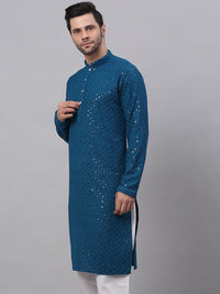 Jompers Men Teal Floral Embroidered Sequined Kurta