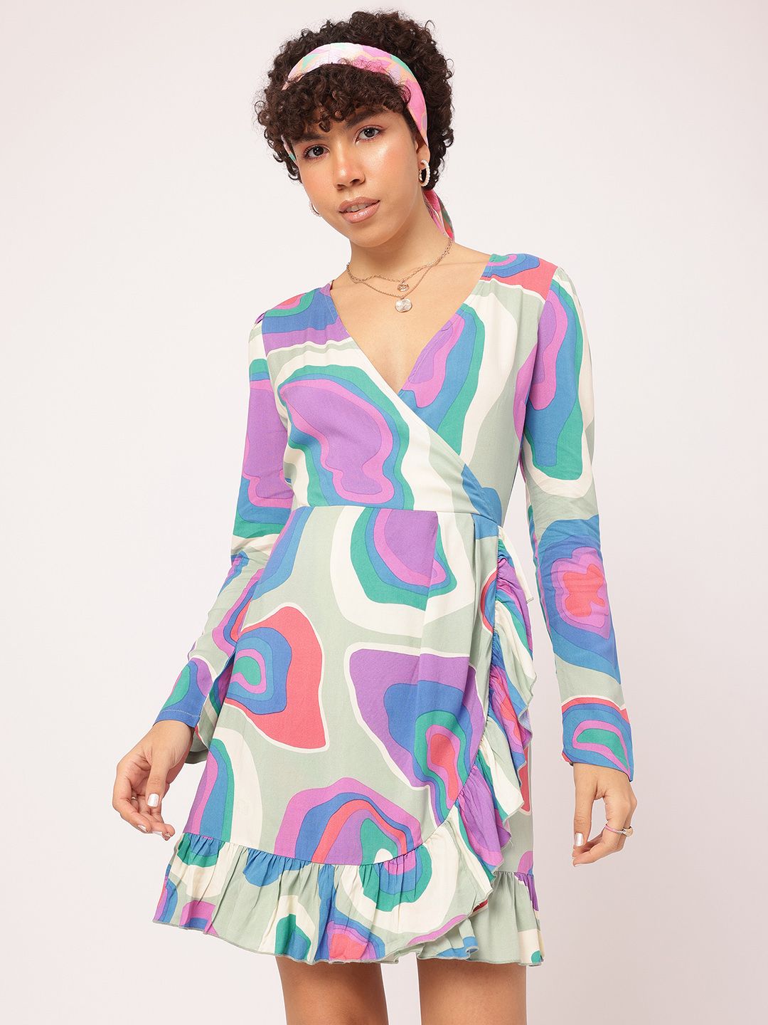 DressBerry Allure Aura Printed Ruffled Wrap Mini Dress