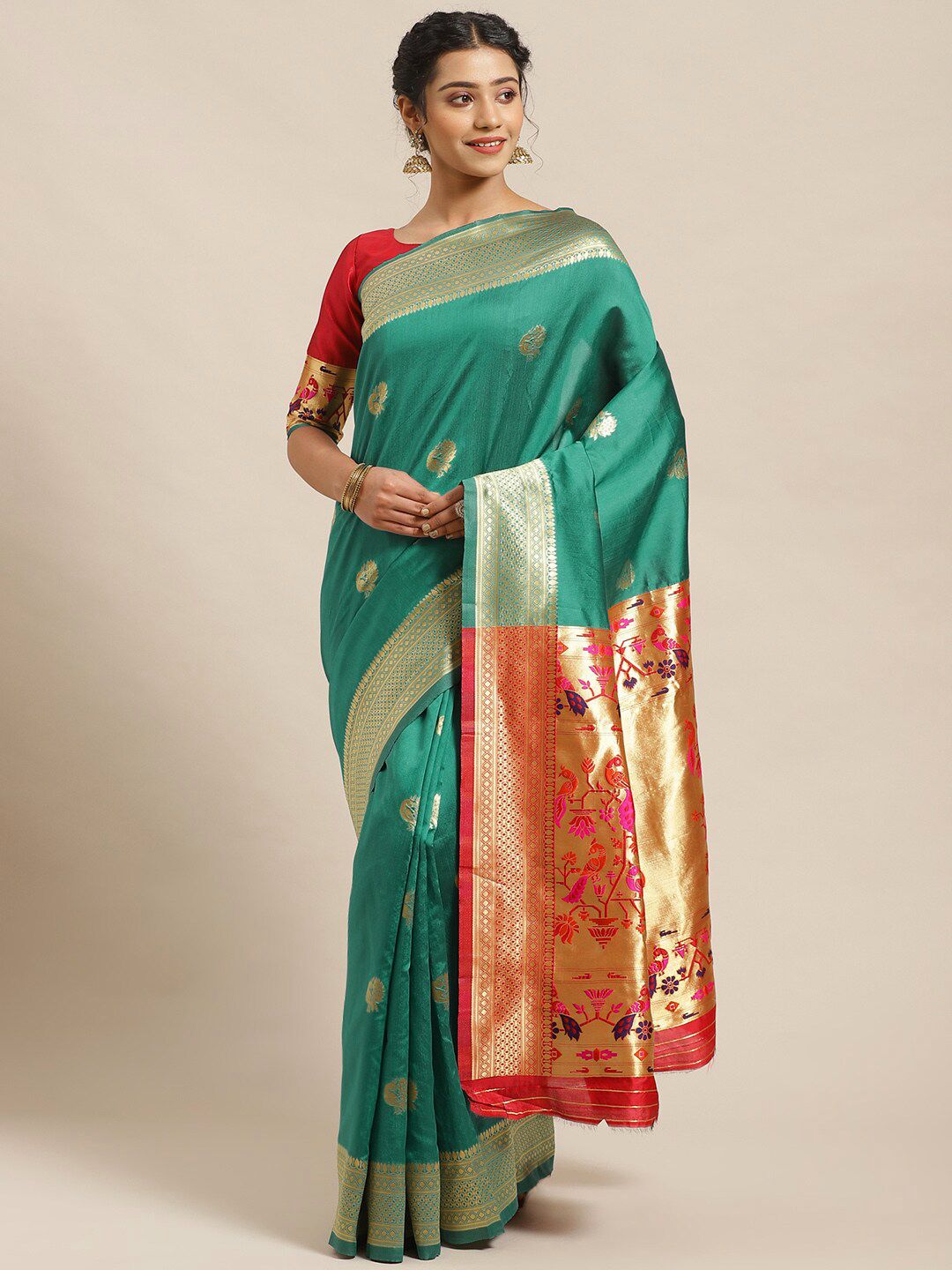Saree mall Green & Pink Woven Design Banarasi Saree