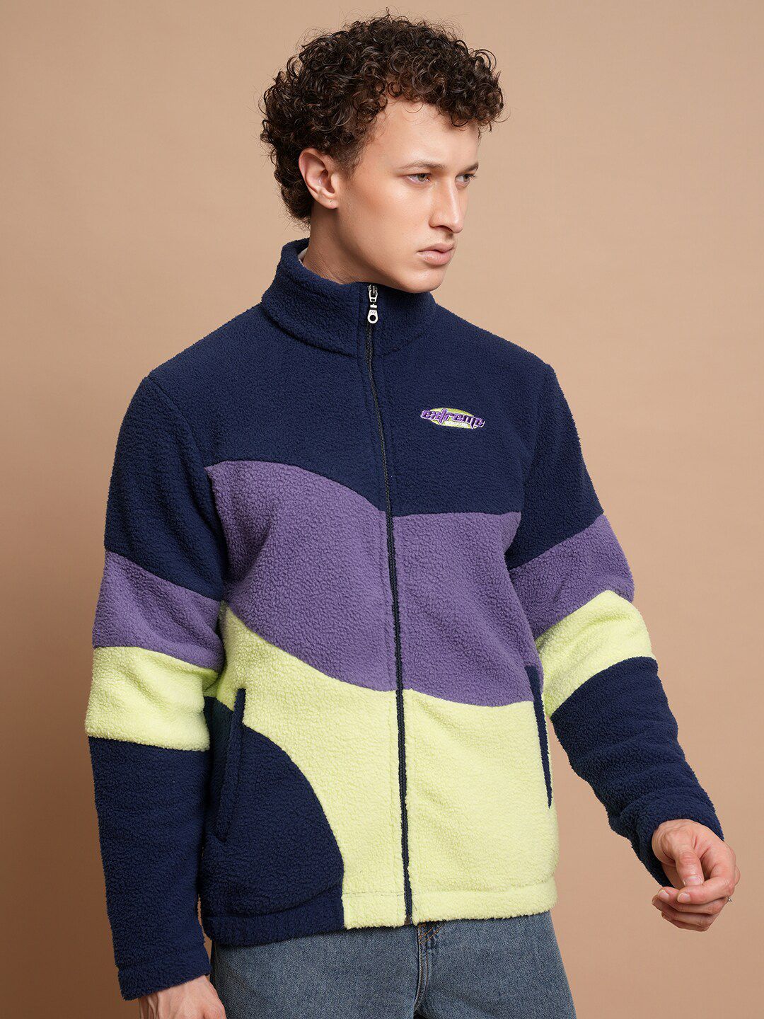 HIGHLANDER Colourblocked Mock Collar Open Front Jacket