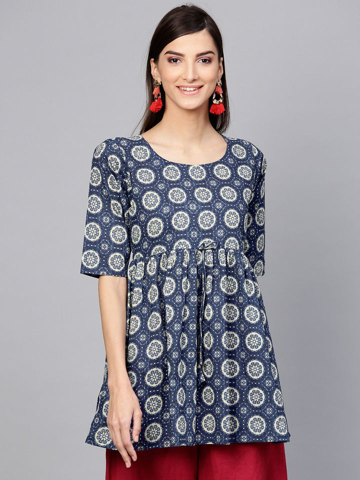 Gerua By Libas Women Navy Blue  Off-White Printed Pure Cotton A-Line Pure Cotton Kurti