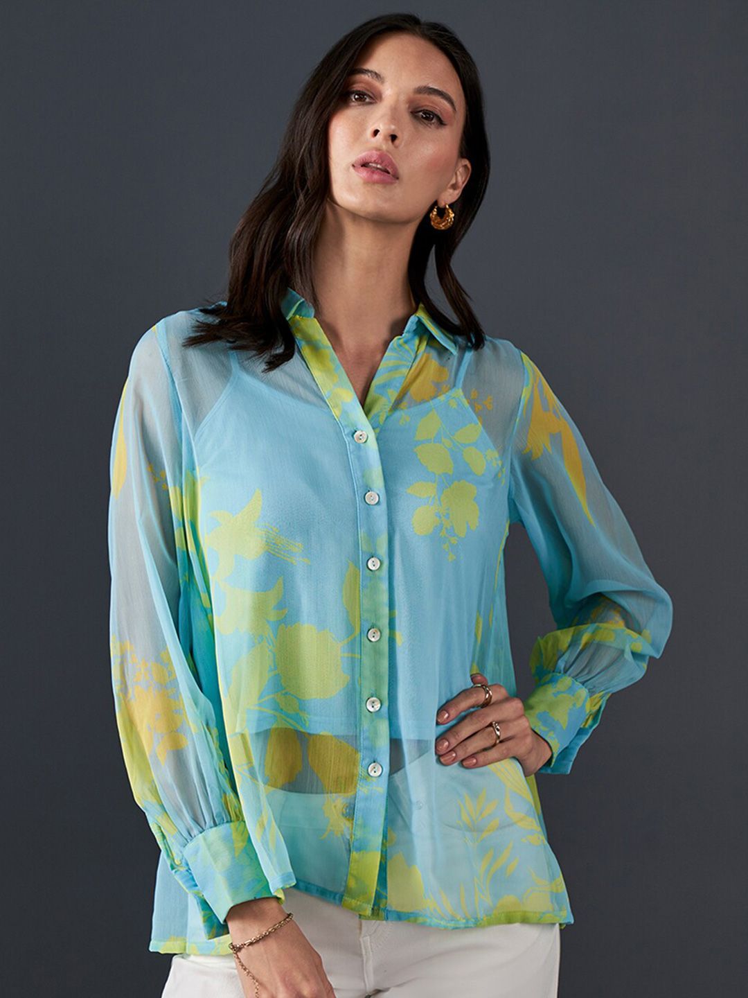 AND Abstract Printed Cuffed Sleeves Shirt Collar Style Top