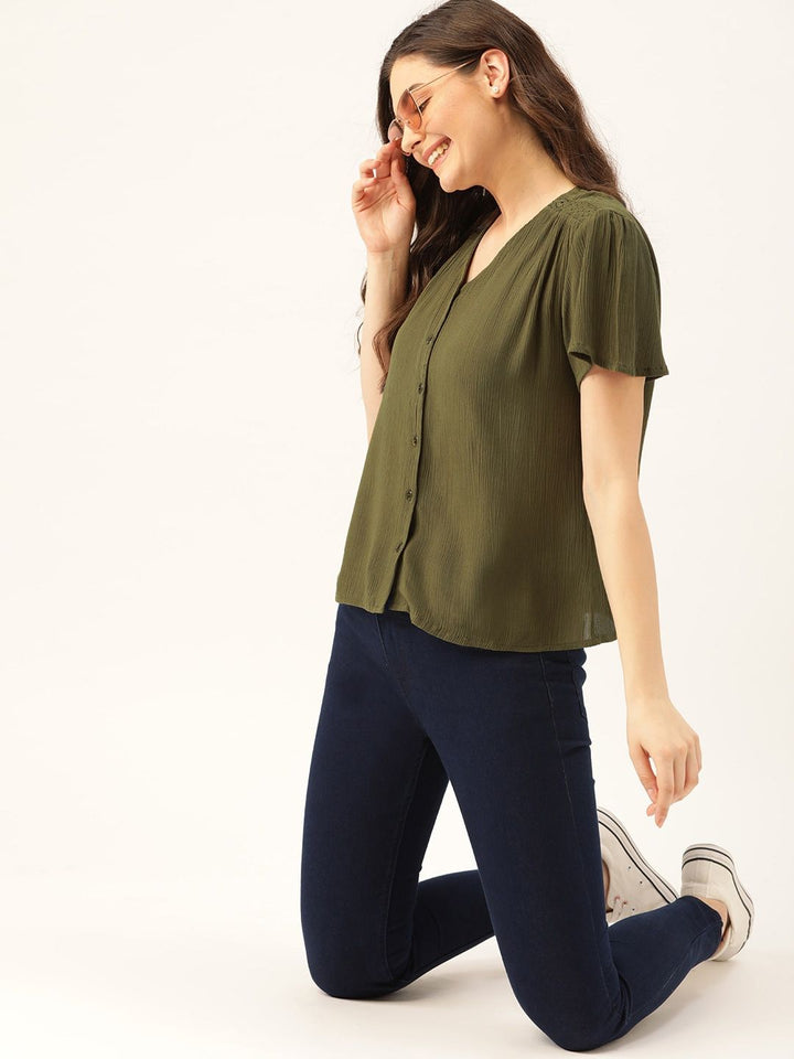DressBerry Women Olive Green Crinkled Solid Top