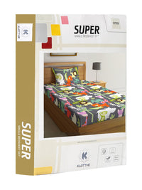 KLOTTHE Grey & White Printed 300TC Fitted Single Bedsheet With Pillow Cover