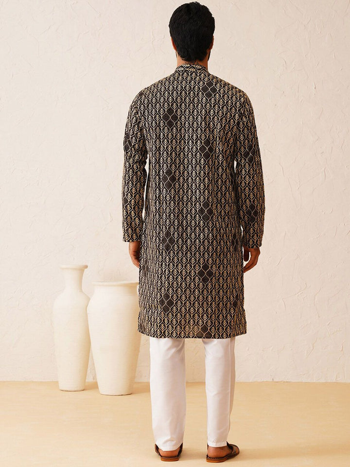SOJANYA Kolar Mandarin Sulam Lengan Panjang Cotton Straight Kurta