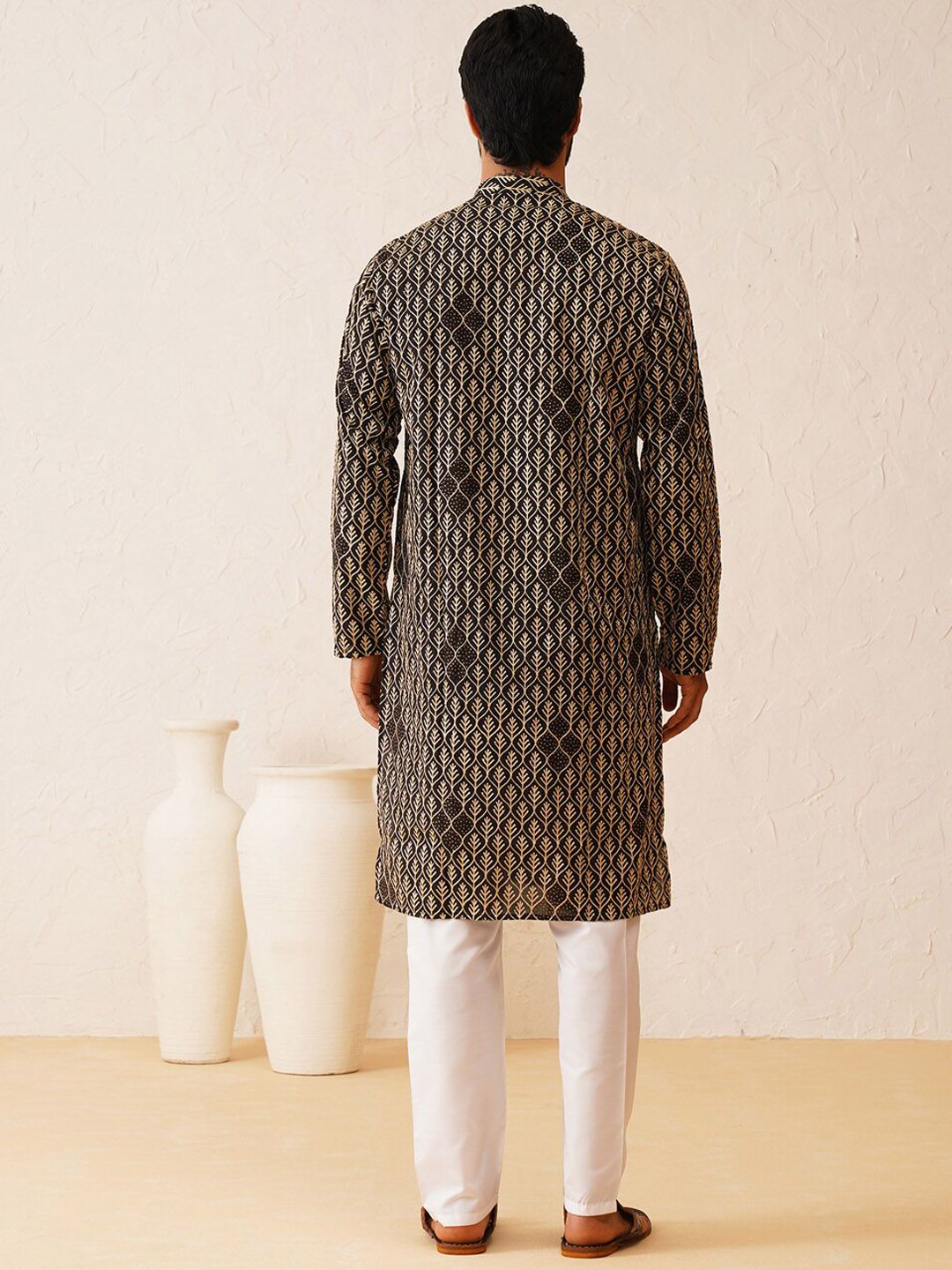 SOJANYA Kolar Mandarin Sulam Lengan Panjang Cotton Straight Kurta