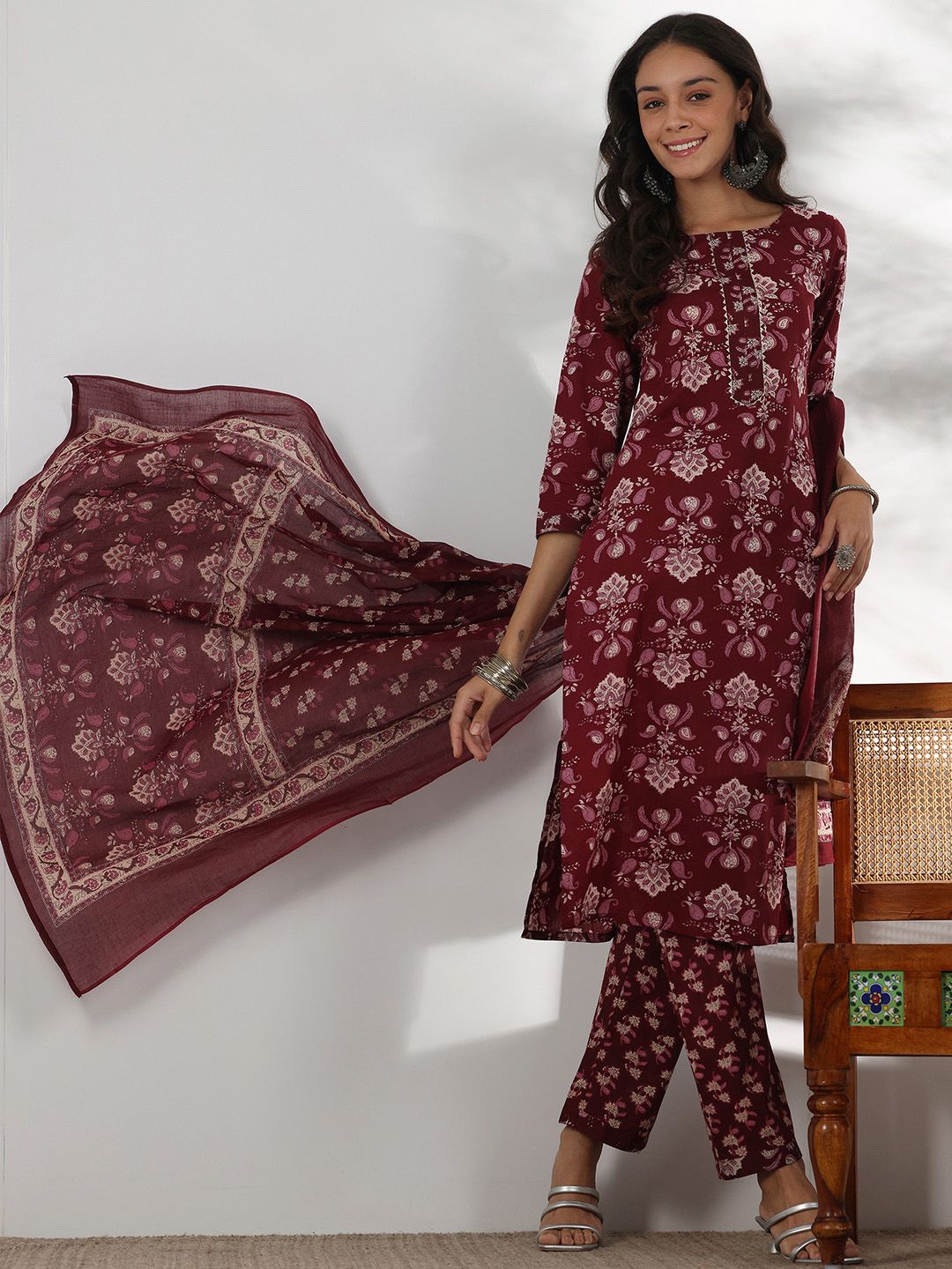 Libas Floral Printed Gotta Patti Pure Cotton Straight Kurta with Trouser & Dupatta