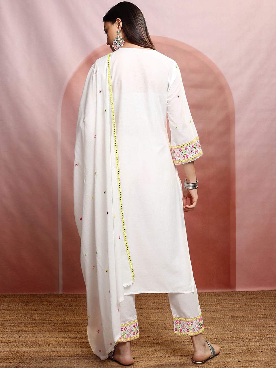 Vishudh Round Neck Ethnic Motifs Embroidered Mirror Work Pure Cotton Straight Kurta Set