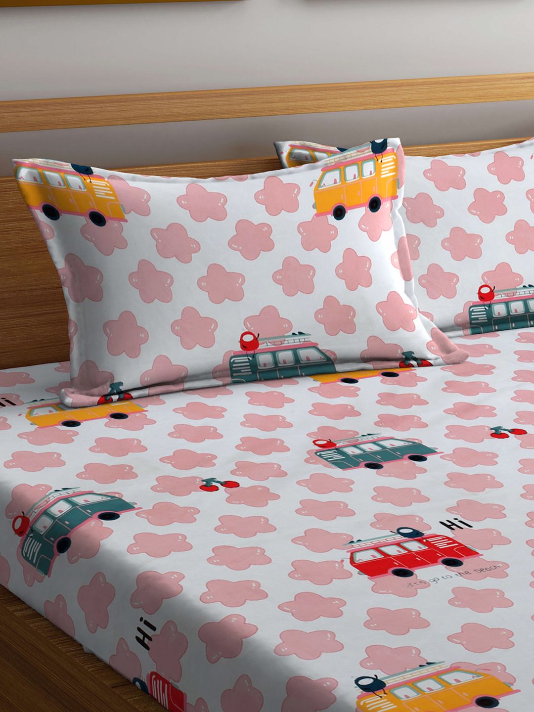 KLOTTHE White Conversational Polycotton 300 TC Fitted King Fine Bedsheet dengan 2 Sarung Bantal-98 x 89 inci