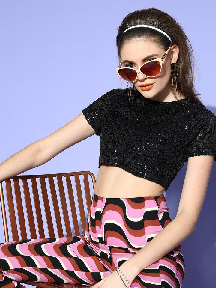 SASSAFRAS Black Sequin Embellished Net Crop Top