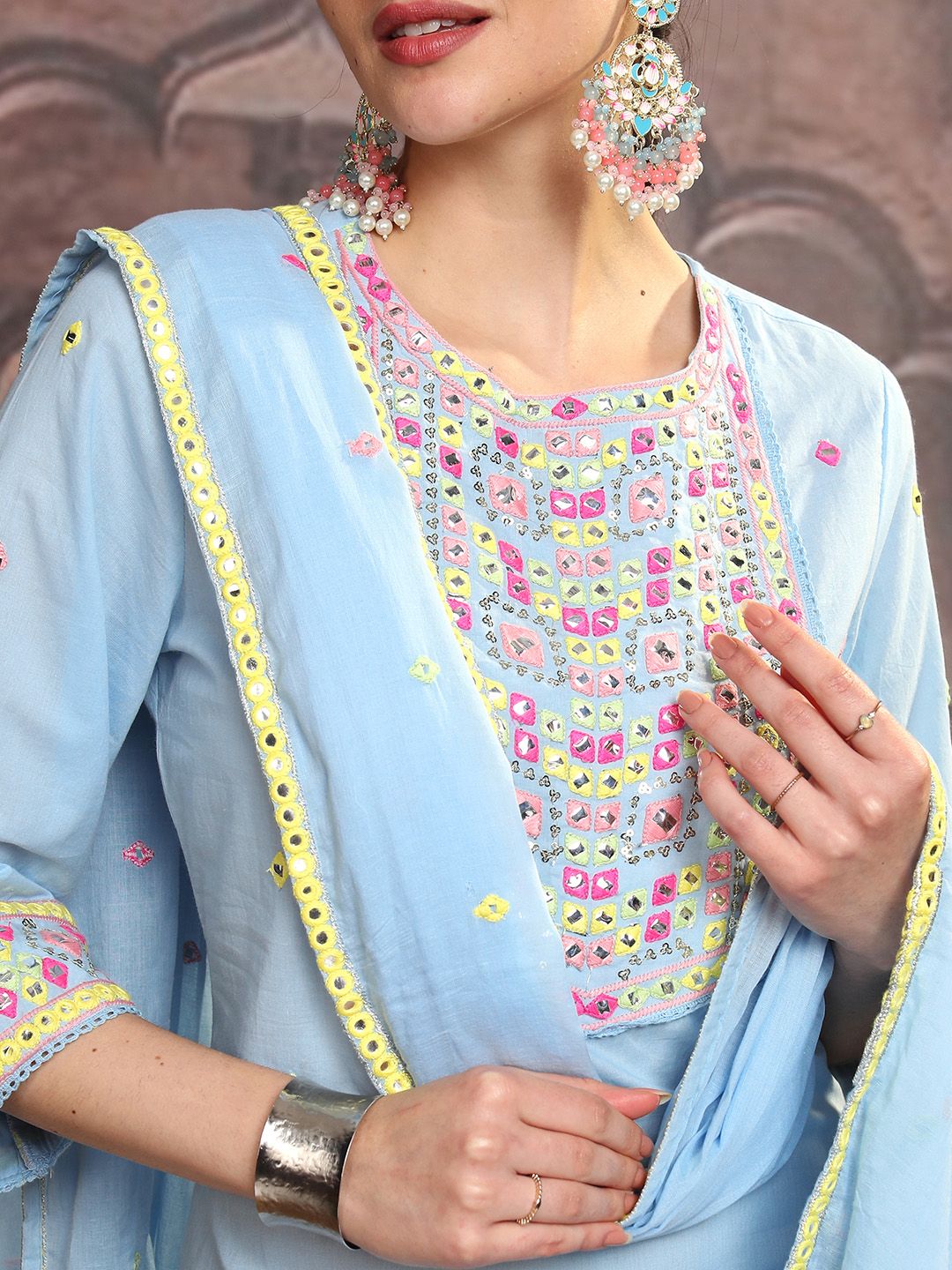 Vishudh Blue Embroidered Mirror Work Pure Cotton Straight Kurta With Trousers & Dupatta