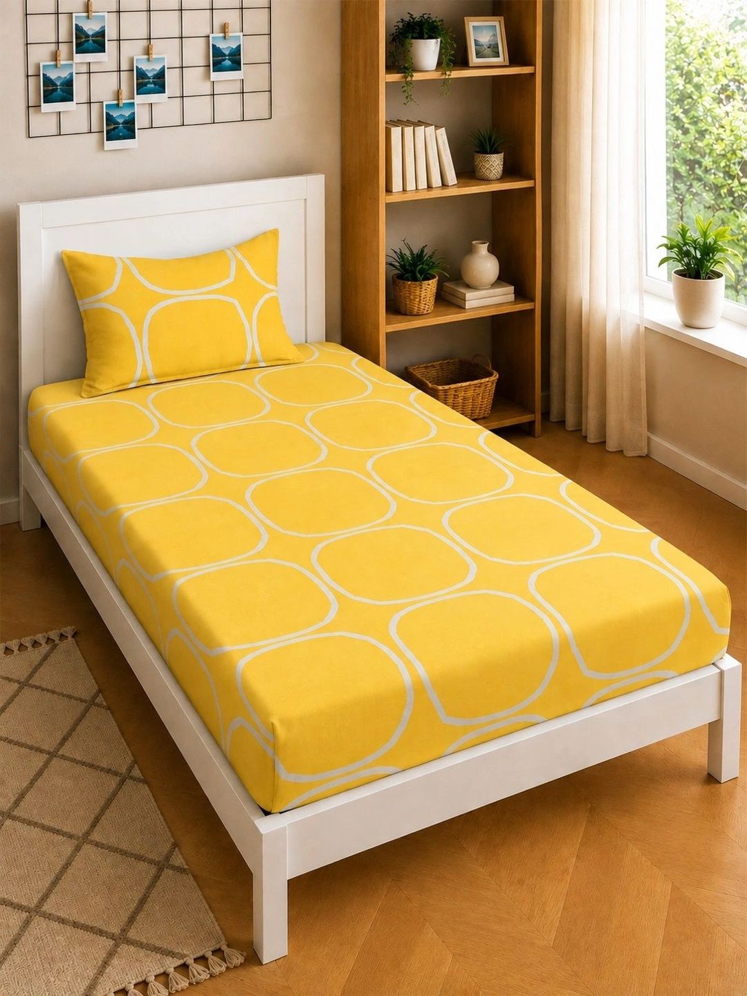 Moda Rapido X KLOTTHE Yellow & White Geometric 300 TC Single Bedsheet with 1 Pillow Covers