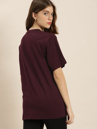 DILLINGER Women Maroon Varsity Printed Pure Cotton Oversized Pure Cotton T-shirt