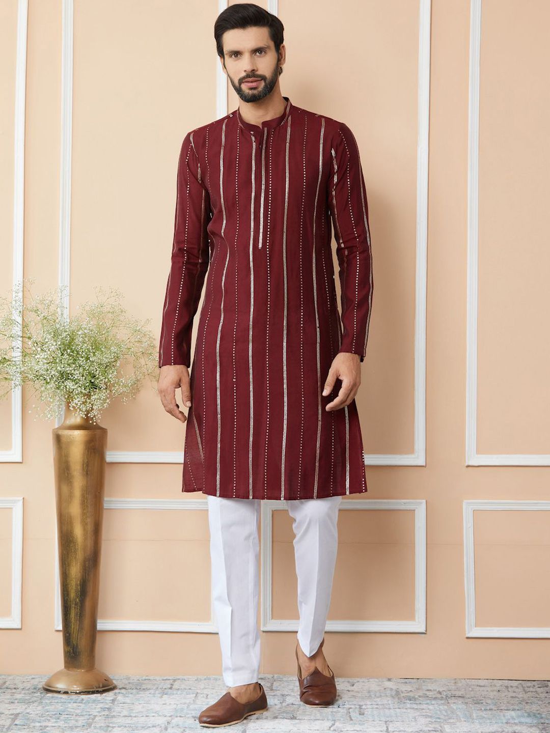 See Designs Striped Mandarin Collar Thread Work Straight Kurta With Trousers