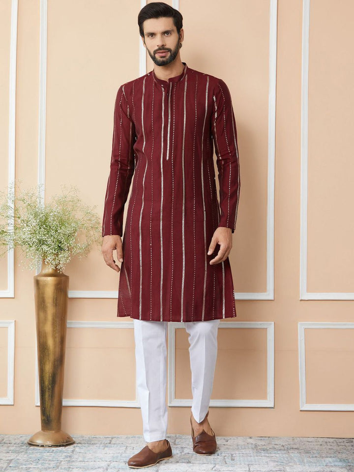 See Designs Striped Mandarin Collar Thread Work Straight Kurta With Trousers