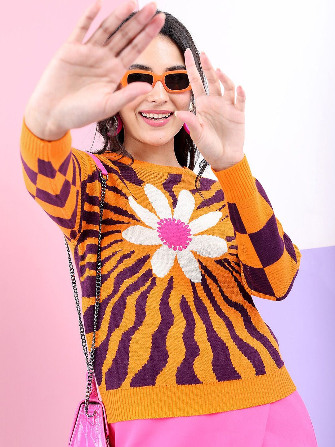 Tokyo Talkies Women Yellow & Purple Floral Jacquard Pullover Sweater