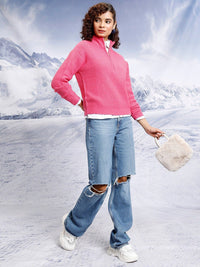 Tokyo Talkies Pink Cable Knit Self Design Turtle Neck Pullover Sweater