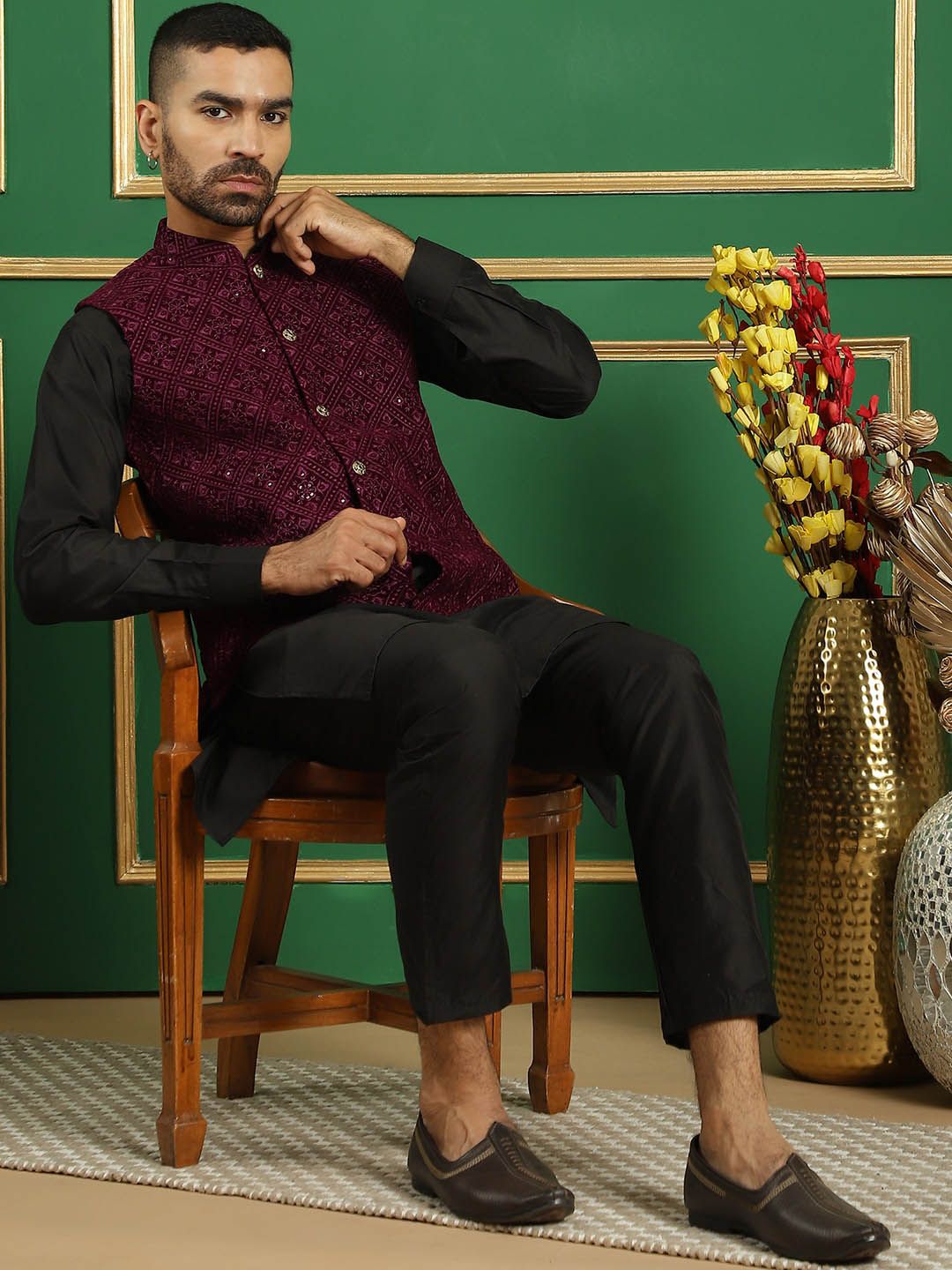 Jompers Embroidered Mandarin Collar Nehru Jackets