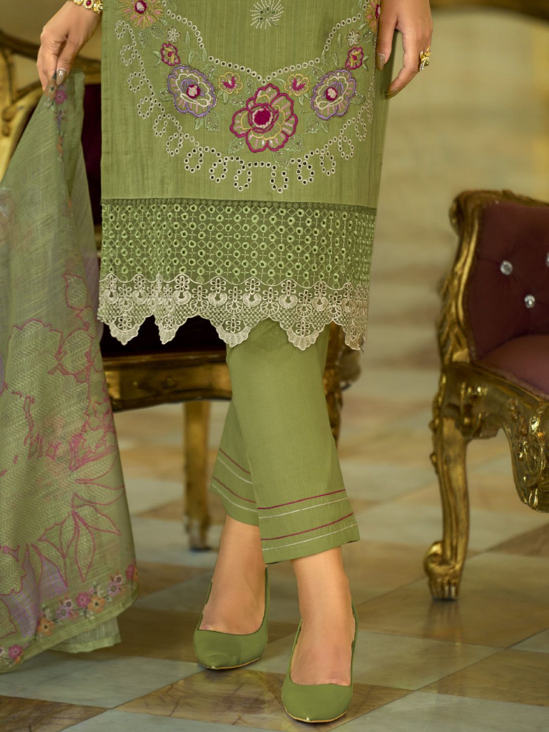 Varanga Nazrana Floral Thread Embroidered Schiffli Orangza Lace Kurta Trouser & Dupatta
