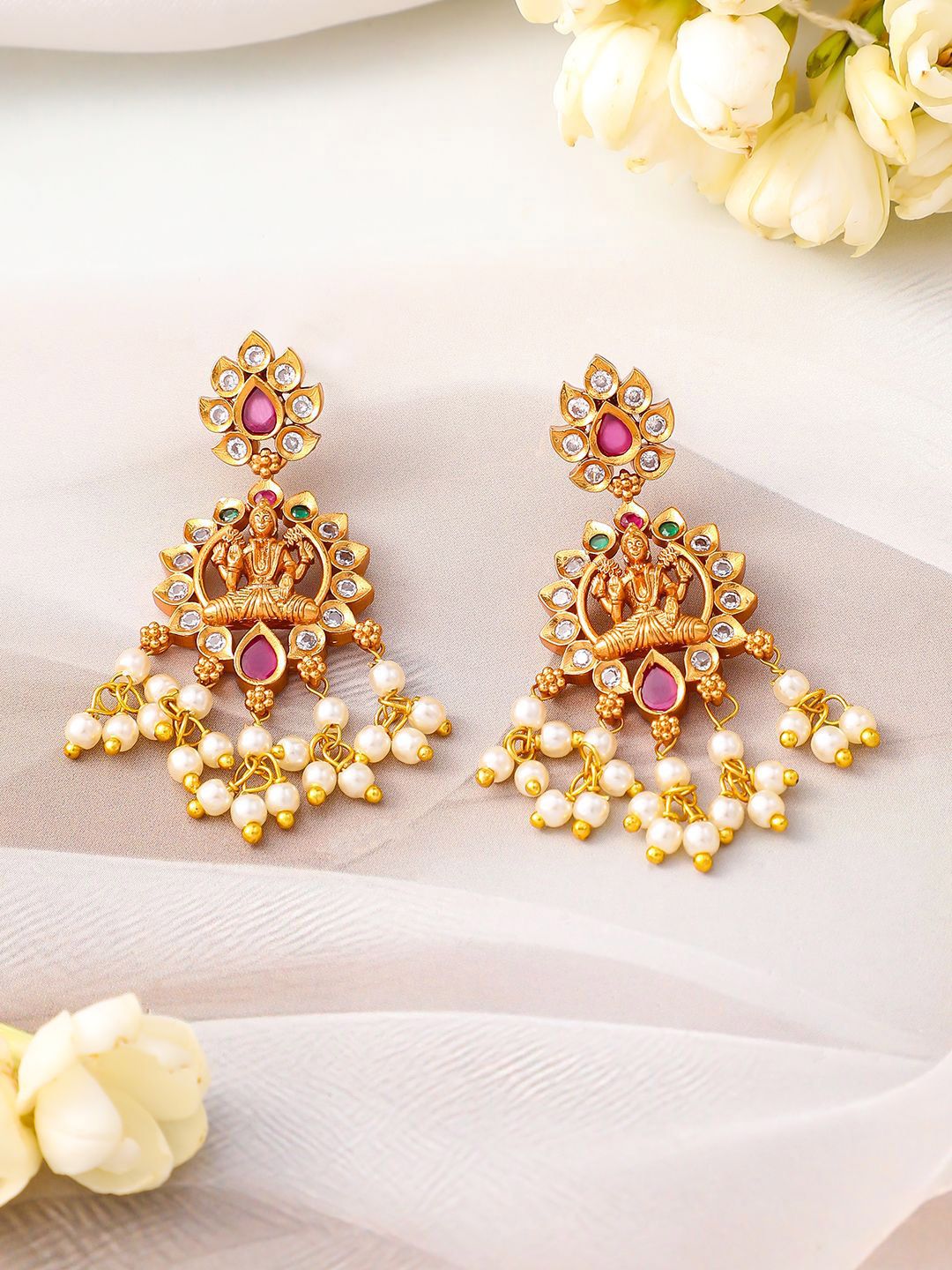 Rubans 24K Gold-Plated Lakshmi Temple Necklace Set with Ruby Stones & Pearl Detailing