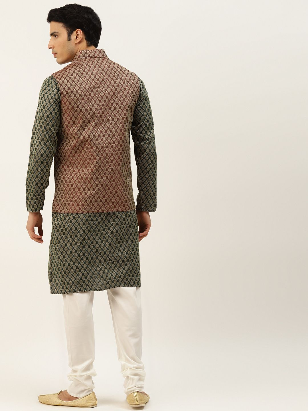 SOJANYA Lelaki Hijau Zaitun & Merah Karat Motif Etnik Jacquard Kurta Lurus dengan Churidar