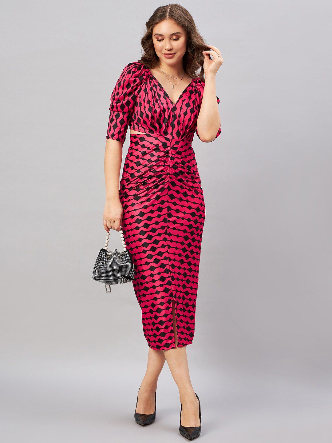 Antheaa Black & Red Abstract Printed V-Neck Puff Sleeve Sheath Midi Dress