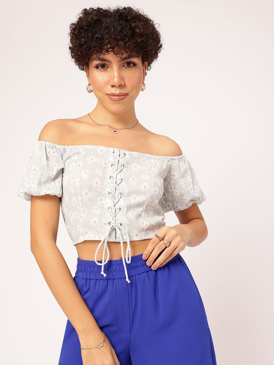 DressBerry Floral Sass Printed Off-Shoulder Bardot Crop Top