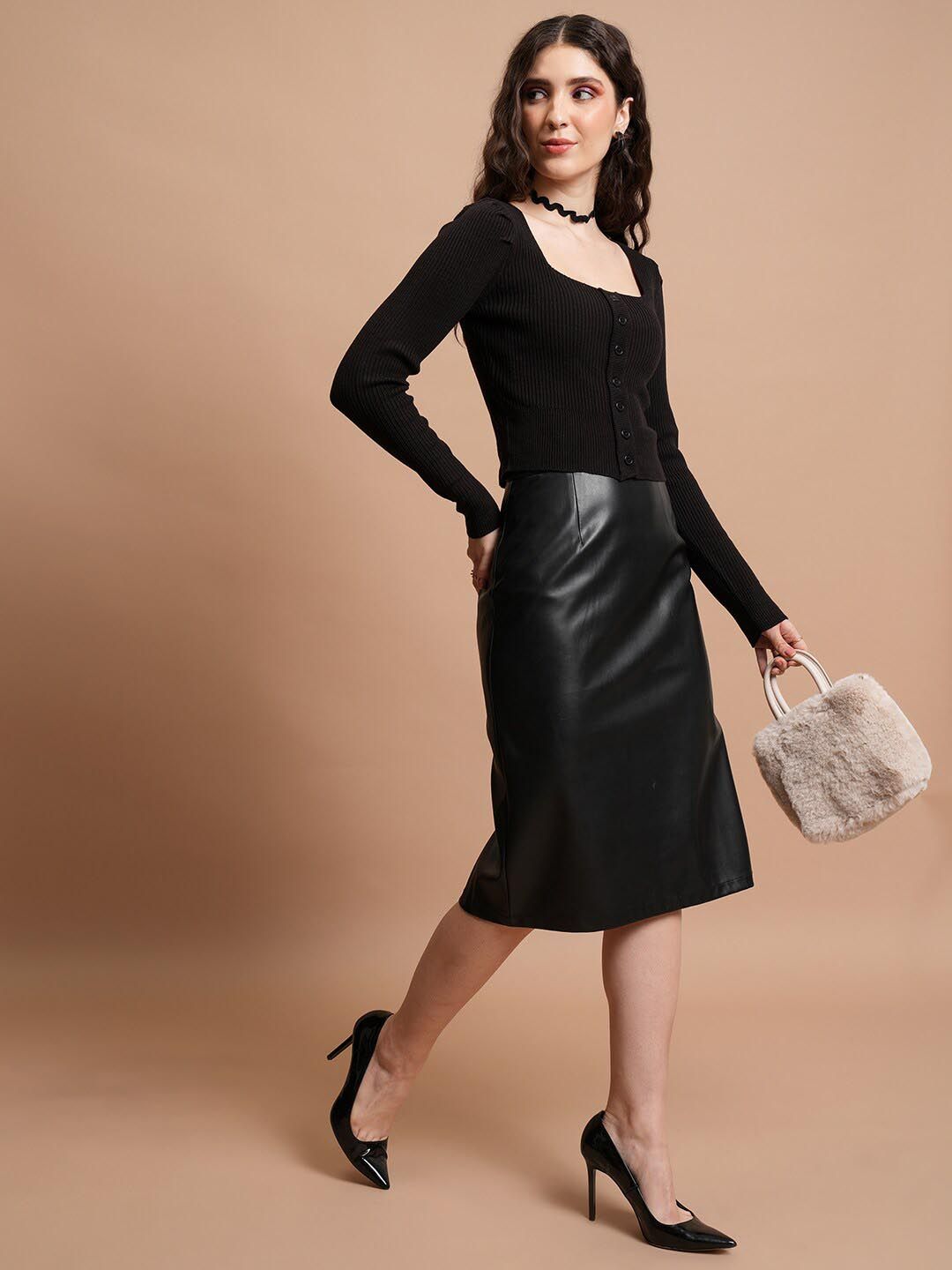 Tokyo Talkies Black Ribbed Crop Acrylic Front-Open Sweaters