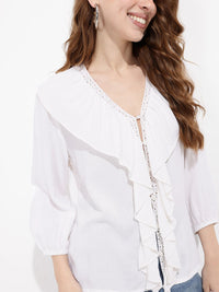DressBerry Porcelain White Texture Play Ruffled Top