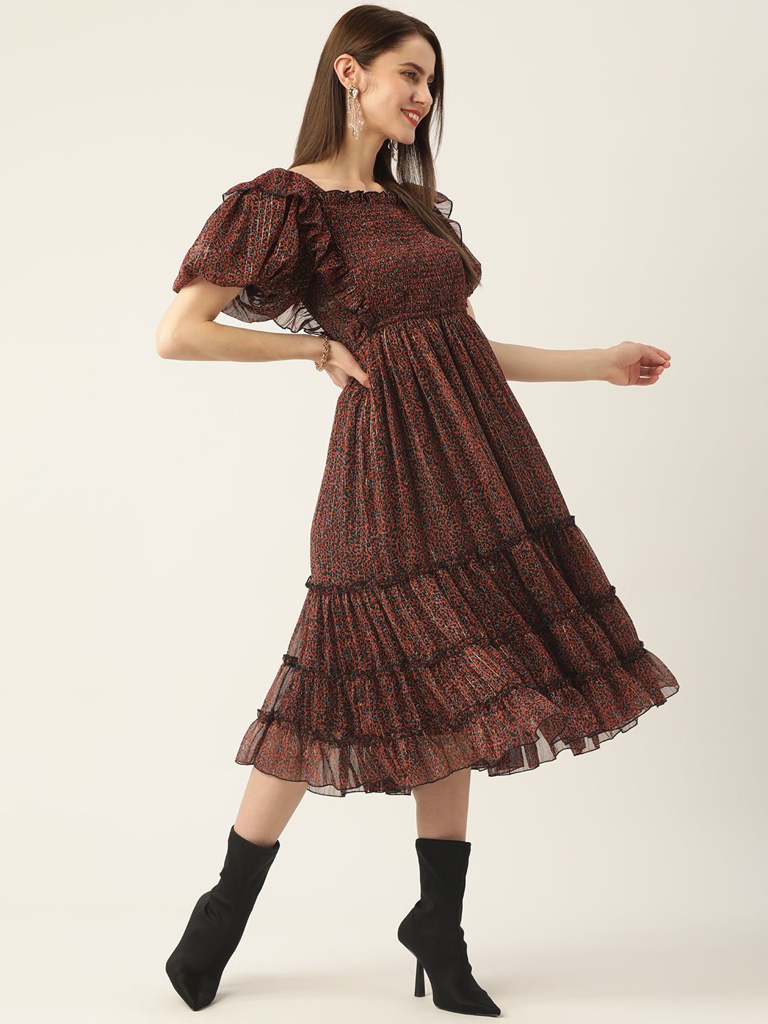 Antheaa Black & Orange Smocked Chiffon Midi Dress