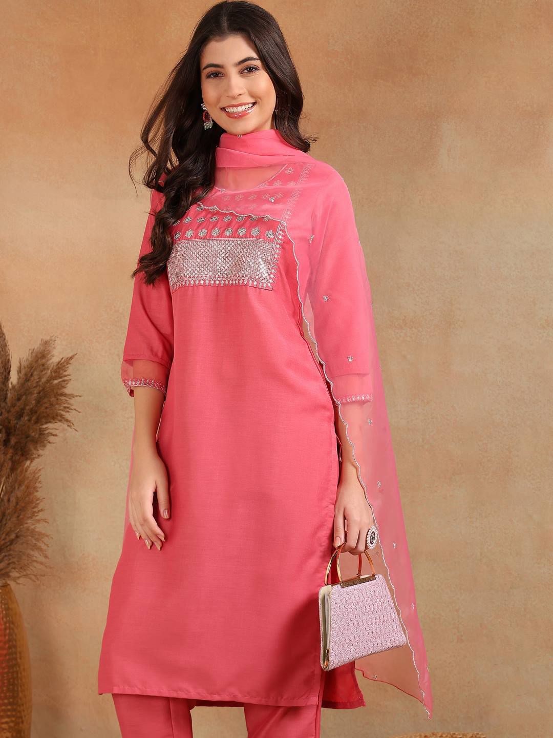 KALINI Ethnic Motifs Embroidered Sequinned Straight Kurta With Trouser & Dupatta