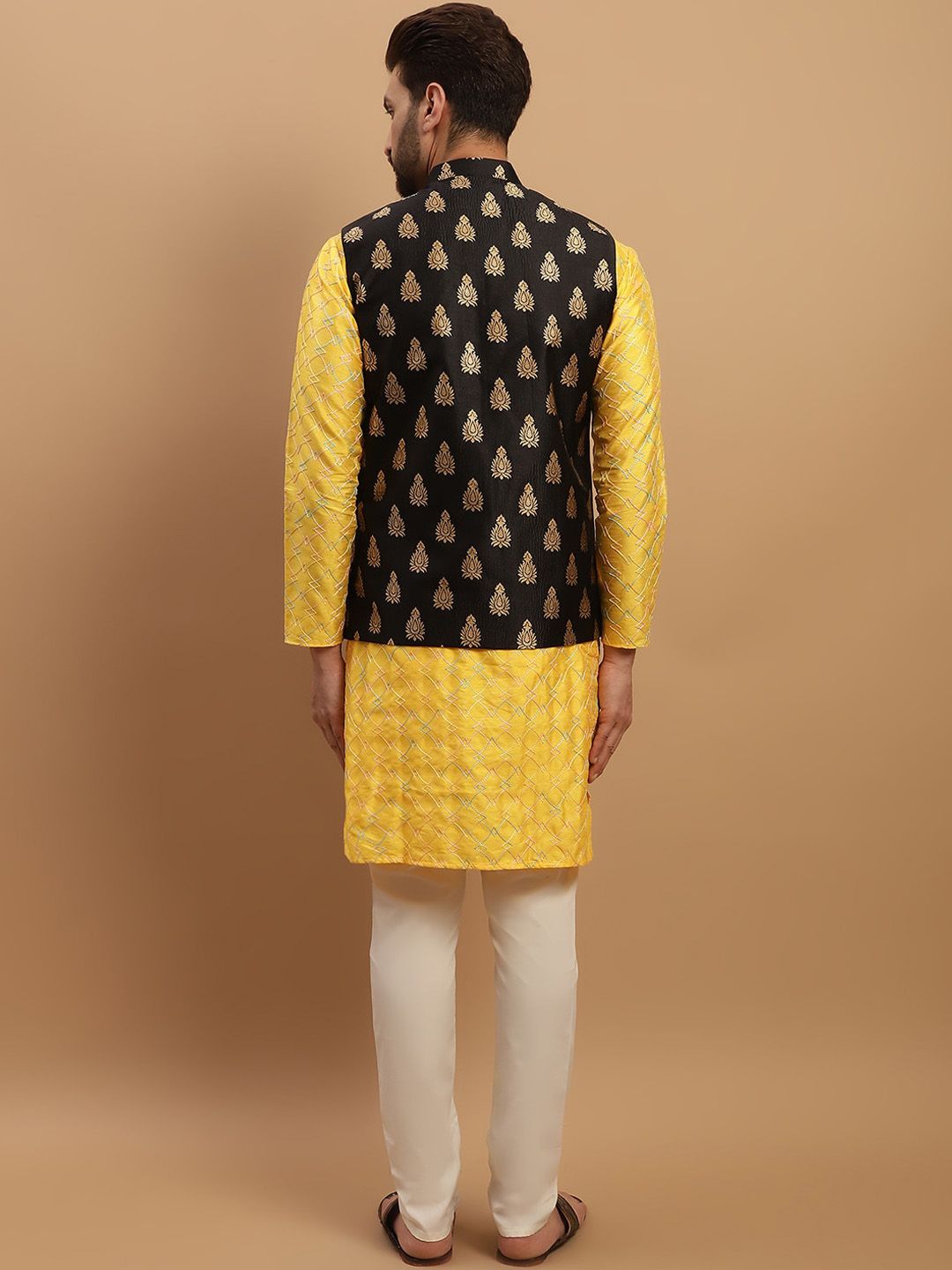 SOJANYA Geometric Embroidered Regular Kurta with Churidar & Woven Design Nehru Jacket