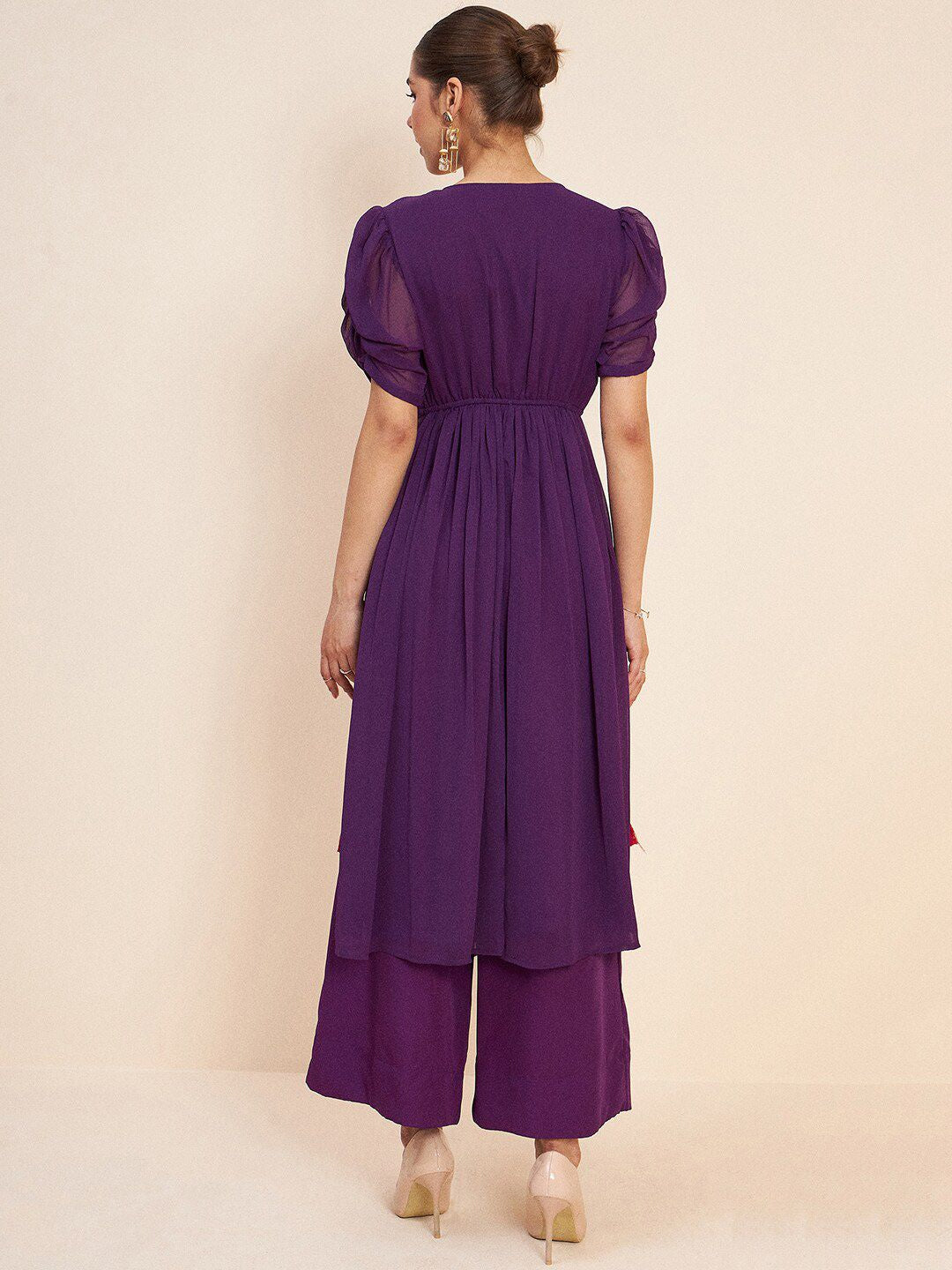 Antheaa Purple Floral Embroidered Empire A-Line Top With Palazzo