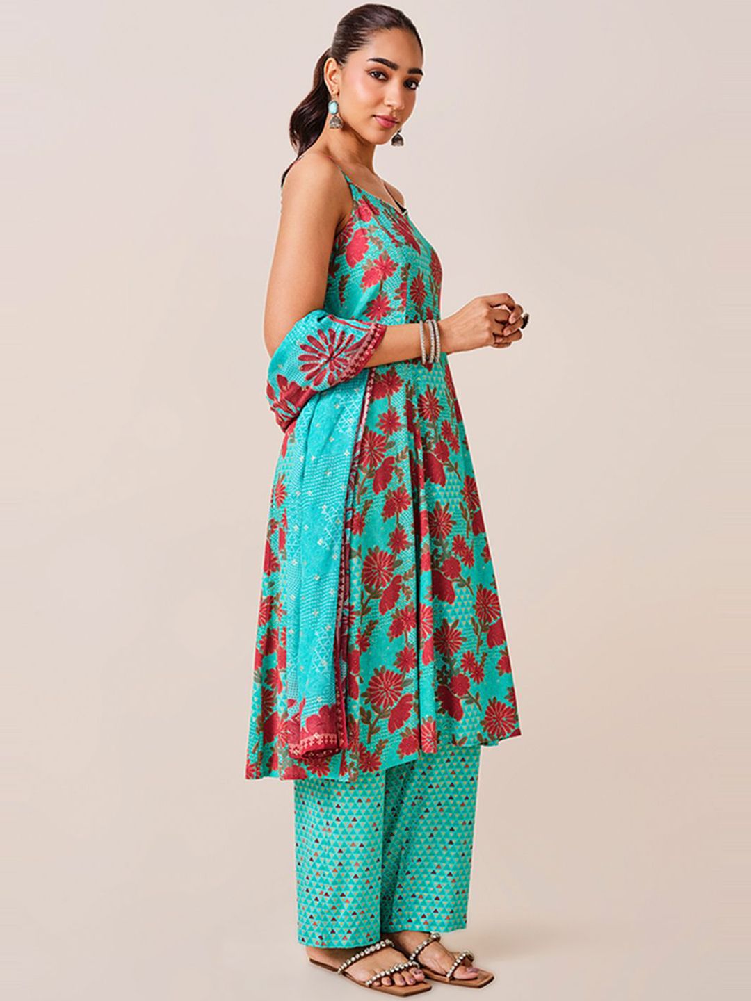 Global Desi Floral Printed Shoulder Straps A-Line Kurta With Trousers & Dupatta