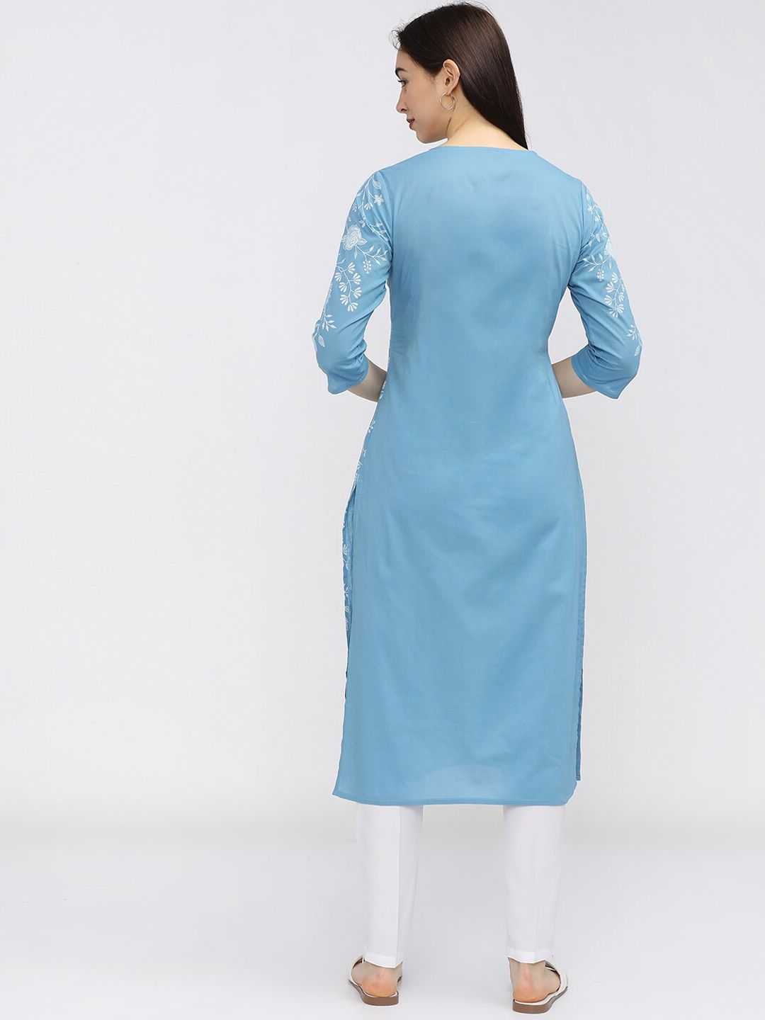 Vishudh Women Blue Floral Printed Keyhole Neck Kurta