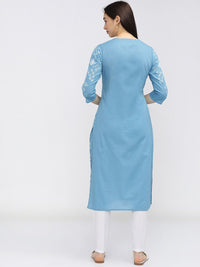Vishudh Women Blue Floral Printed Keyhole Neck Kurta