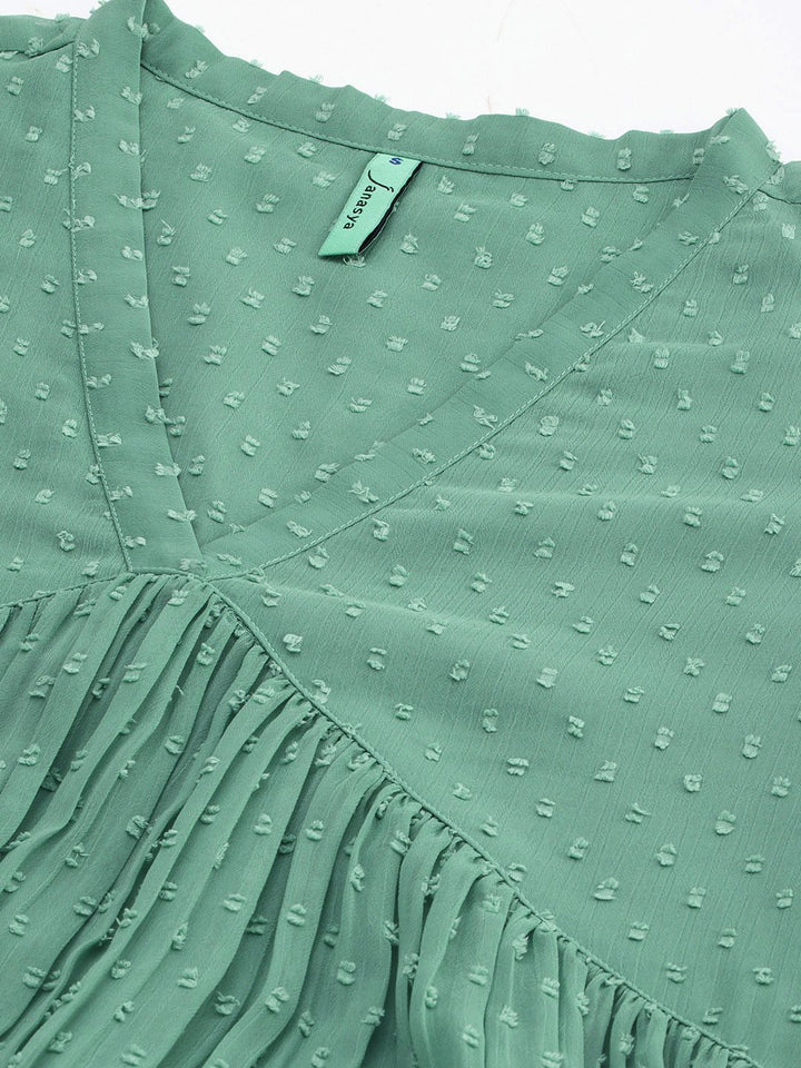 Janasya Women's Green Chiffon Self Design Flared Kurta
