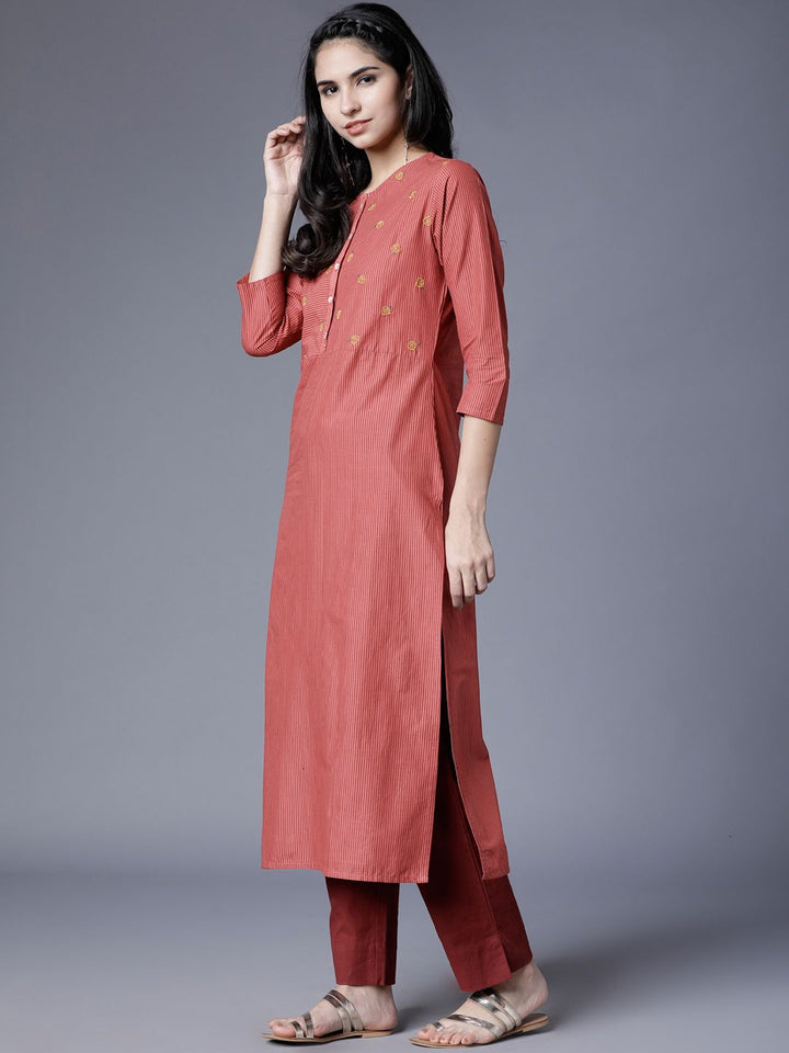 Vishudh Women Rust Striped Straight Kurta
