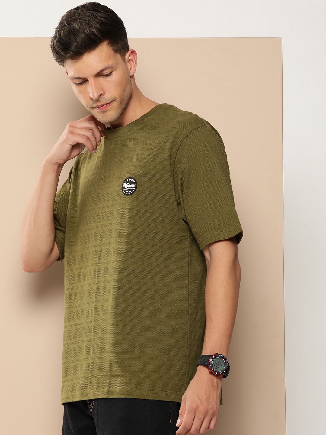 Difference of Opinion Men Olive Green Cotton Drop-Shoulder Oversized Fit T-shirt