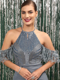 STREET 9 Halter Neck Cold-Shoulder Sleeves Net Maxi Dress