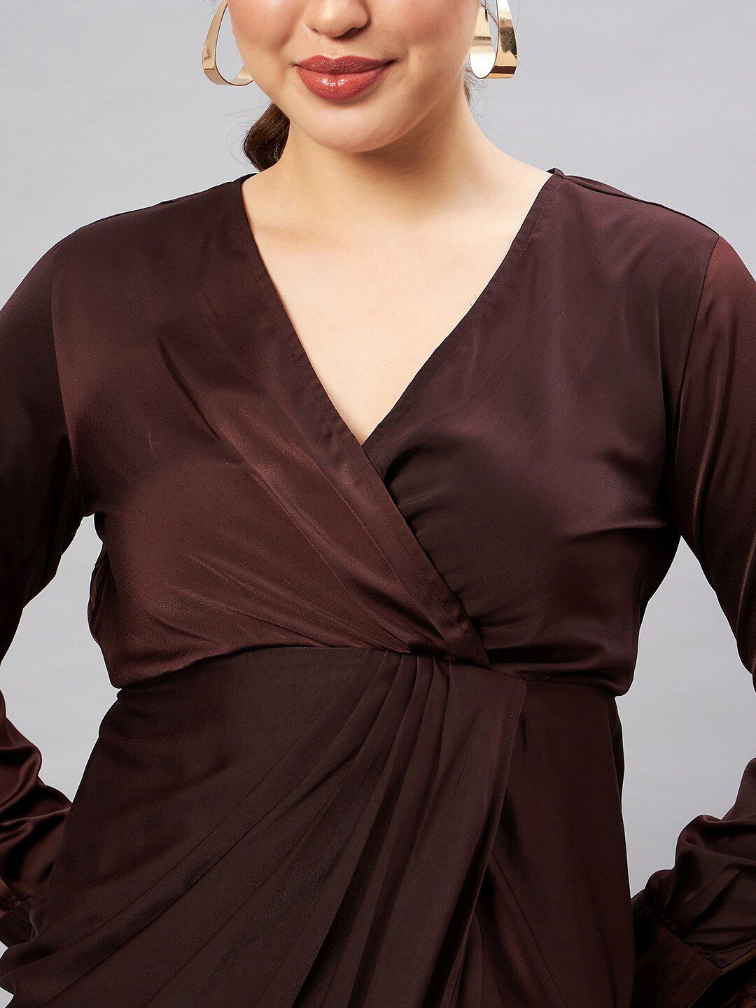 Antheaa Brown V-Neck Long Cuffed Sleeves Satin Wrap Midi Dress