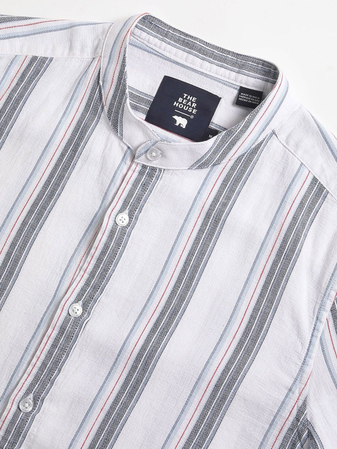 THE BEAR HOUSE Pure Cotton Striped Slim Fit Mandarin Collar Casual Shirt